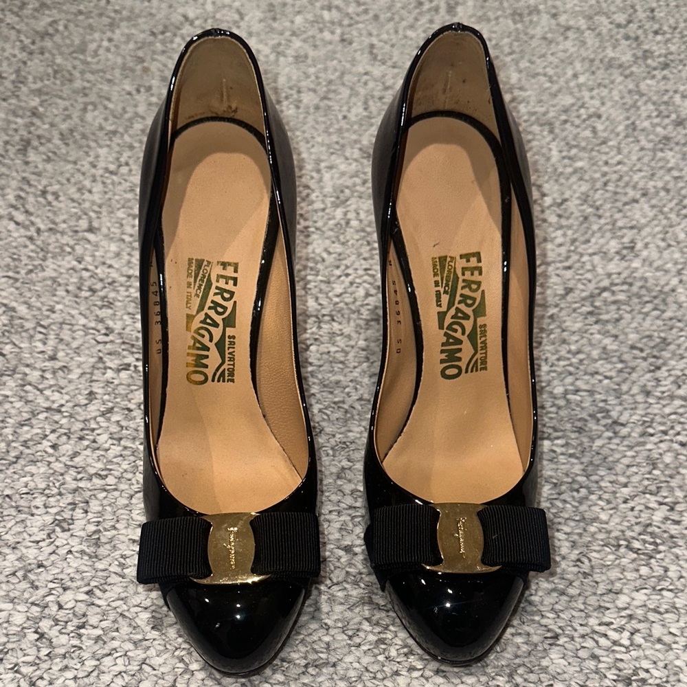 Salvatore Ferragamo Black Patent Heels with Gold Accent